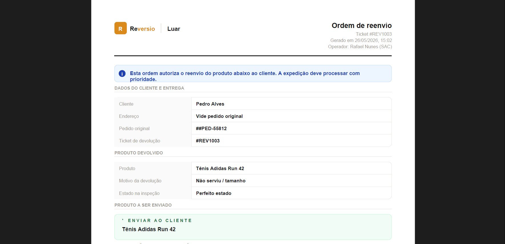 Reversio — Documentos e relatórios (2/3): Gere PDFs de contestação com evidências, ordens de reenvio para a expedição, e a